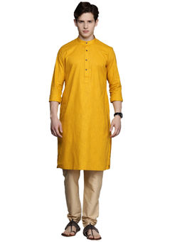 Manyavar - Yellow Cotton Blend Casual Solid Kurta