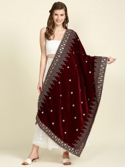 Dupatta Bazaar - Womens Embroidered Maroon Velvet Dupatta