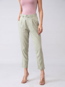 Twenty Dresses by Nykaa Fashion - Work Green Solid Cropped Pants With Belt
