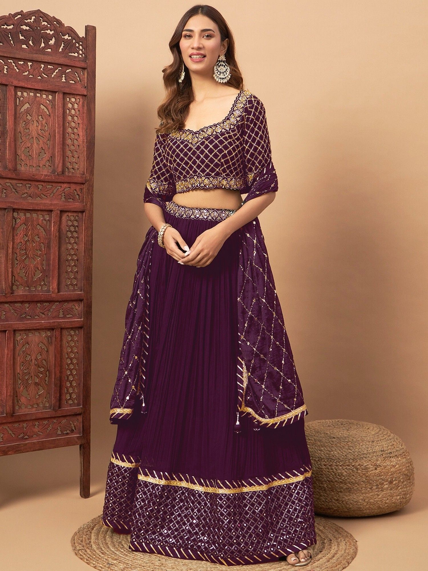 Mirror Embellished Flared Purple Georgette Lehenga and Choli with Dupatta-image-45