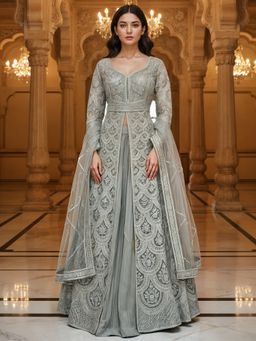 Chhabra 555 - Sequinned Resham Grey Embroidered Long Lehenga and Kurta with Dupatta