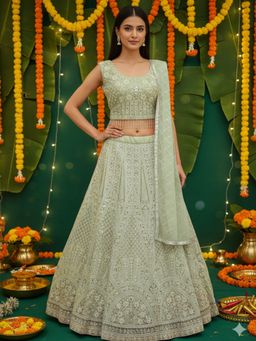 Chhabra 555 - Mirror and Aari Floral Embroidered Net Green Lehenga and Choli with Dupatta