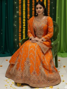 Chhabra 555 - Sequinned Orange Kurta and Lehenga with Dupatta