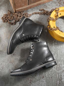 EL PASO - Men Black Faux Leather Casual Lace Up Boots