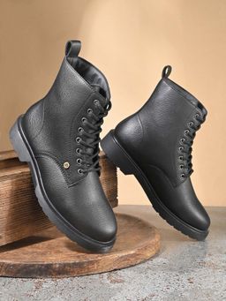EL PASO - Women Black Faux Leather Casual Lace Up Boots