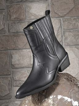 EL PASO - Women Black Faux Leather Casual Chelsea Cowboy Boots