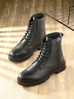 EL PASO - Women Black Faux Leather Casual Lace Up Boots
