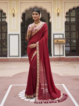 Odette - Maroon Two Tone Vichitra Silk Embroidered Saree with Unstitched Blouse