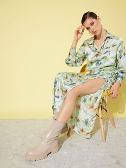 ANVI Be Yourself - Green Floral Printed Modal Satin Co Ords (Set of 2)