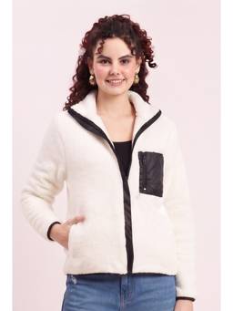 JAKANARY - White Front Patch Detail Solid Faux Fur Jacket