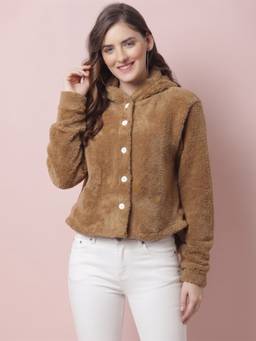 JAKANARY - Brown Hoodie Solid Faux Fur Jacket