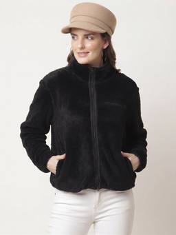 JAKANARY - Black with Piping Detail Solid Faux Fur Jacket