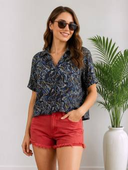 Oxolloxo - Black Polyester Printed Collar Neck Half Sleeves Shirt