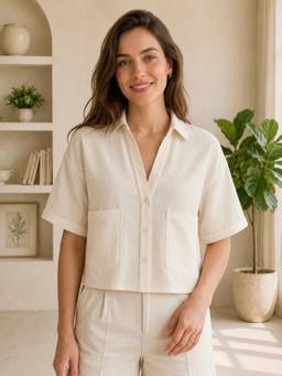 Oxolloxo - Beige Cotton Solid Collar Neck Half Sleeves Shirt