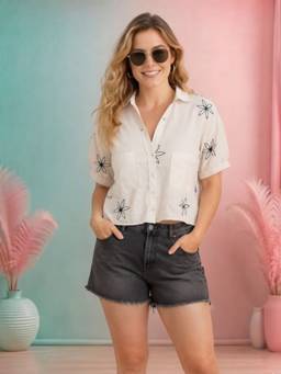 Oxolloxo - Off White Cotton Floral Collar Neck Half Sleeves Shirt