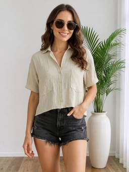 Oxolloxo - Beige Polyester Textured Collar Neck Half Sleeves Shirt