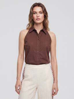 Cover Story - Brown Cotton Solid Mandarin Neck Sleeveless Top