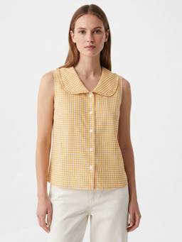 Cover Story - Orange Cotton Checks Mandarin Neck Sleeveless Top