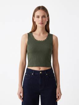 Cover Story - Olive Cotton Textured Scoop Neck Sleeveless Tank Top