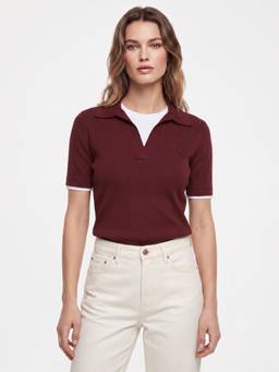 Cover Story - Burgundy Cotton Textured Collar Neck Half Sleeves Polo T-Shirt