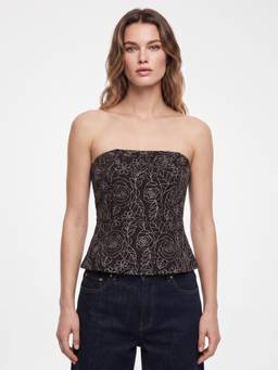 Cover Story - Black Viscose Rayon Floral Strapless/Tube Sleeveless Top