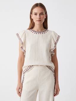Cover Story - White Cotton Solid Round Neck Half Sleeves Top