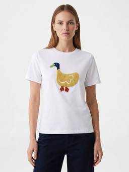Cover Story - White Cotton Embroidered Round Neck Half Sleeves T-Shirt