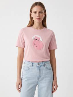 Cover Story - Pink Cotton Embroidered Round Neck Half Sleeves T-Shirt