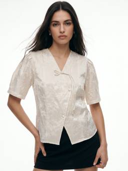 Outzidr - Cream Polyester Embroidered V-Neck Half Sleeves Top