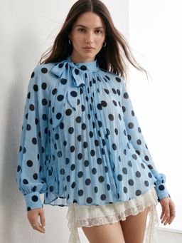 Outzidr - Blue Polyester Polka Dots High Neck Full Sleeves Top