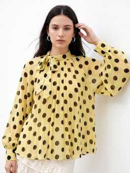 Outzidr - Yellow Polyester Polka Dots High Neck Full Sleeves Top