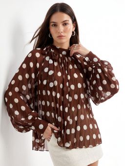 Outzidr - Brown Polyester Polka Dots High Neck Full Sleeves Top