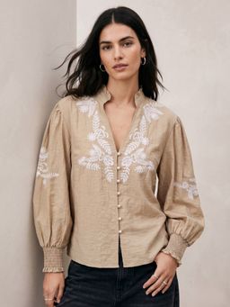 Outzidr - Beige Polyester Embroidered Mandarin Neck Full Sleeves Top