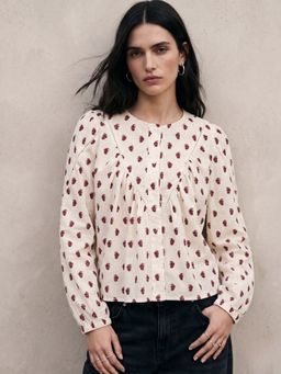 Outzidr - Off White Polyester Printed Round Neck Full Sleeves Top