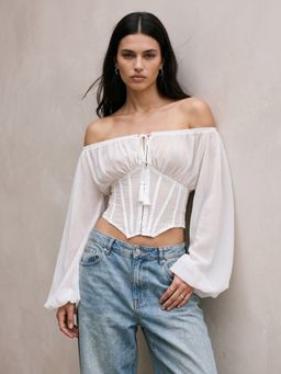 Outzidr - White Polyester Solid Off Shoulder Full Sleeves Crop Top