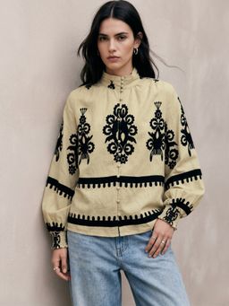 Outzidr - Beige Polyester Printed High Neck Full Sleeves Top