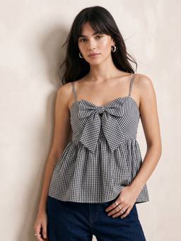 Outzidr - Black Cotton Checks Shoulder Straps Sleeveless Top
