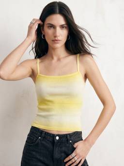 Outzidr - Yellow Polyester Stripes Shoulder Straps Sleeveless Top