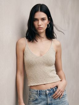 Outzidr - Beige Polyester Textured Shoulder Straps Sleeveless Crop Top