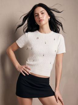 Outzidr - White Polyester Embroidered Crew Neck Half Sleeves Top