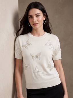 Outzidr - White Polyester Embellished/Sequined Crew Neck Half Sleeves T-Shirt