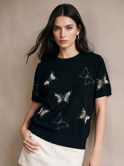 Outzidr - Black Polyester Embellished/Sequined Crew Neck Half Sleeves T-Shirt