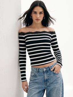 Outzidr - Black Polyester Stripes Off Shoulder Full Sleeves Crop Top