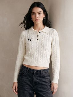 Outzidr - Off White Polyester Textured Collar Neck Full Sleeves Crop Top