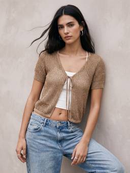 Outzidr - Khaki Polyester Solid Tie Up Neck Half Sleeves Shrug