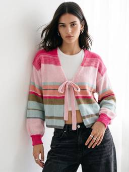 Outzidr - Multi-Color Polyester Stripes Tie Up Neck Full Sleeves Shrug