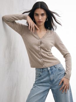 Outzidr - Tan Polyester Solid V-Neck Full Sleeves Top