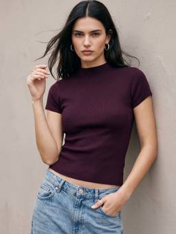 Outzidr - Burgundy Polyester Solid High Neck Half Sleeves Top