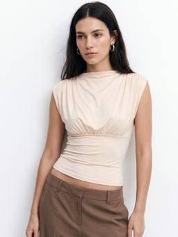 Outzidr - Off White Polyester Solid Boat Neck Sleeveless Top
