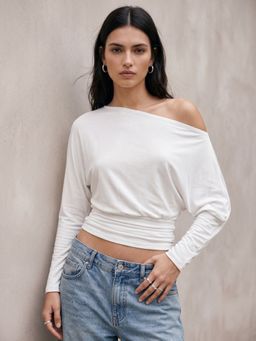 Outzidr - White Polyester Solid One Shoulder Full Sleeves Top